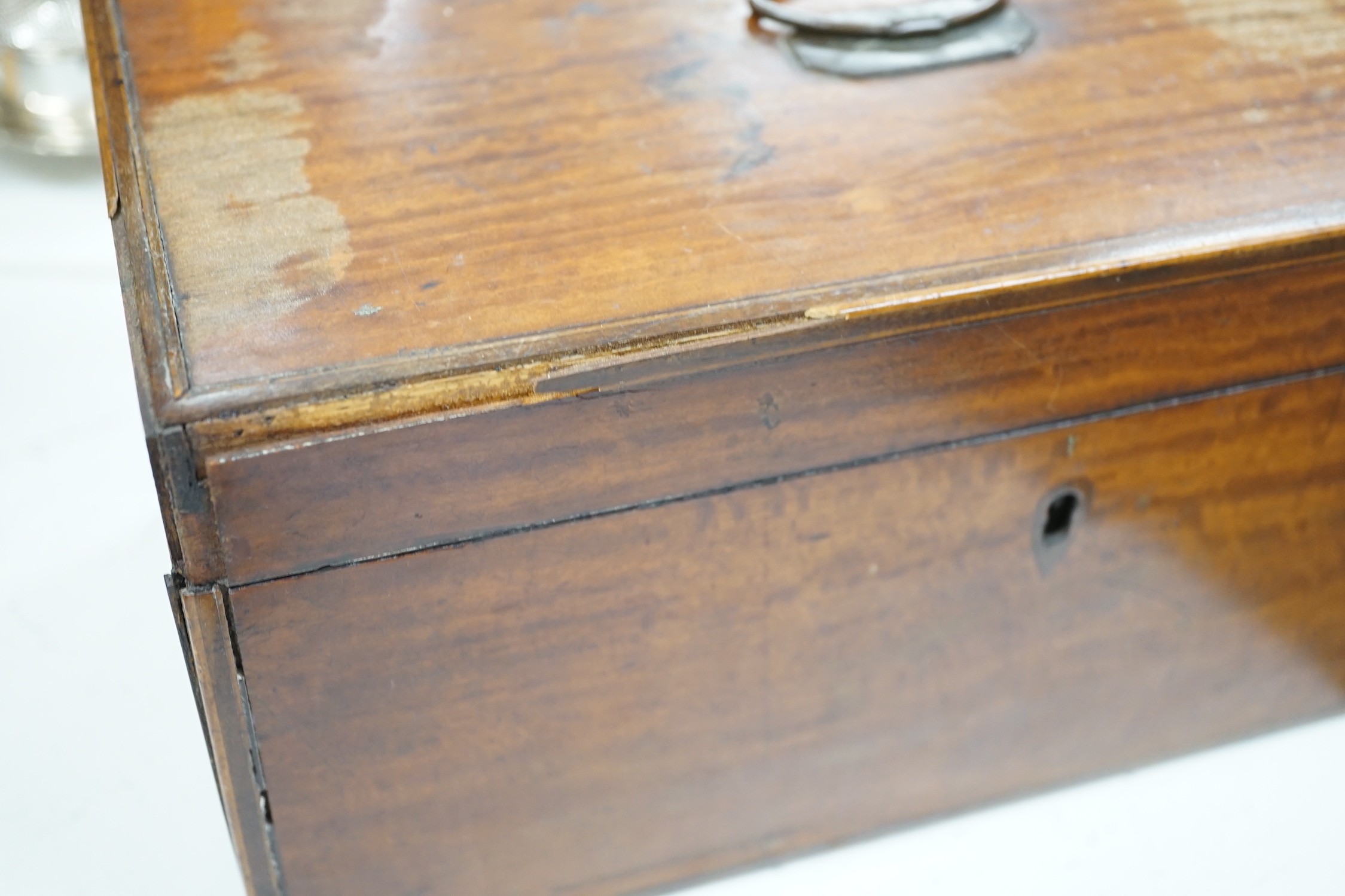A late George III satinwood inlaid tea caddy and a later similar mahogany tea caddy, largest 30cms wide x 18cms high